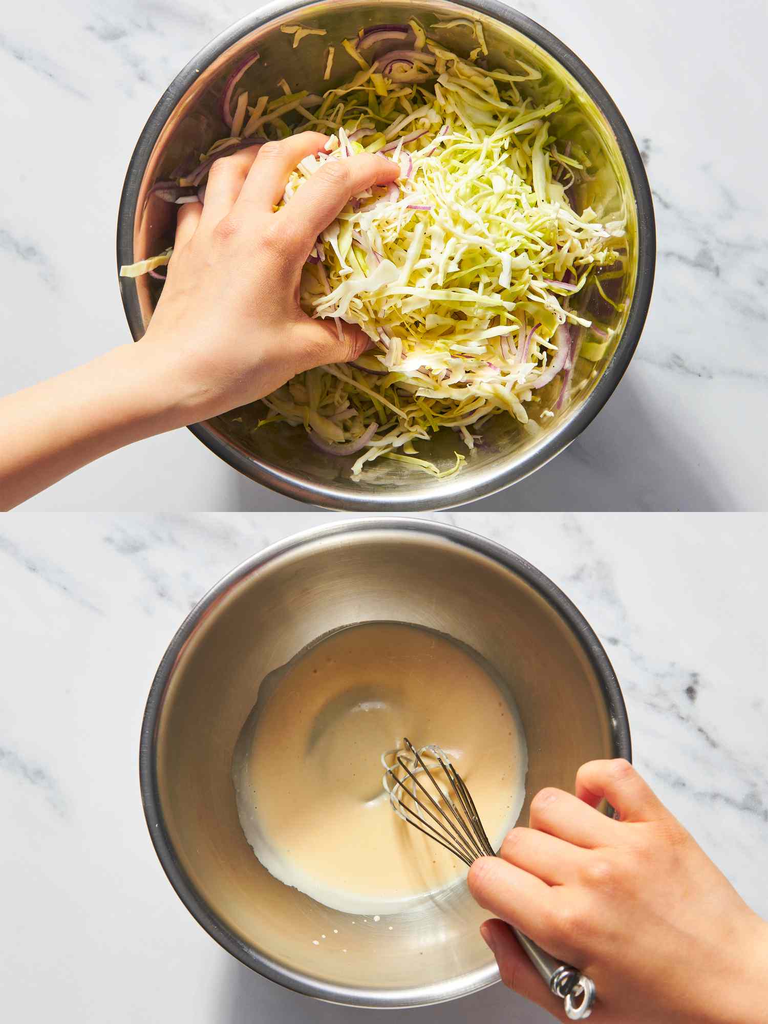 Two image collage of prepping cabbage and dressing