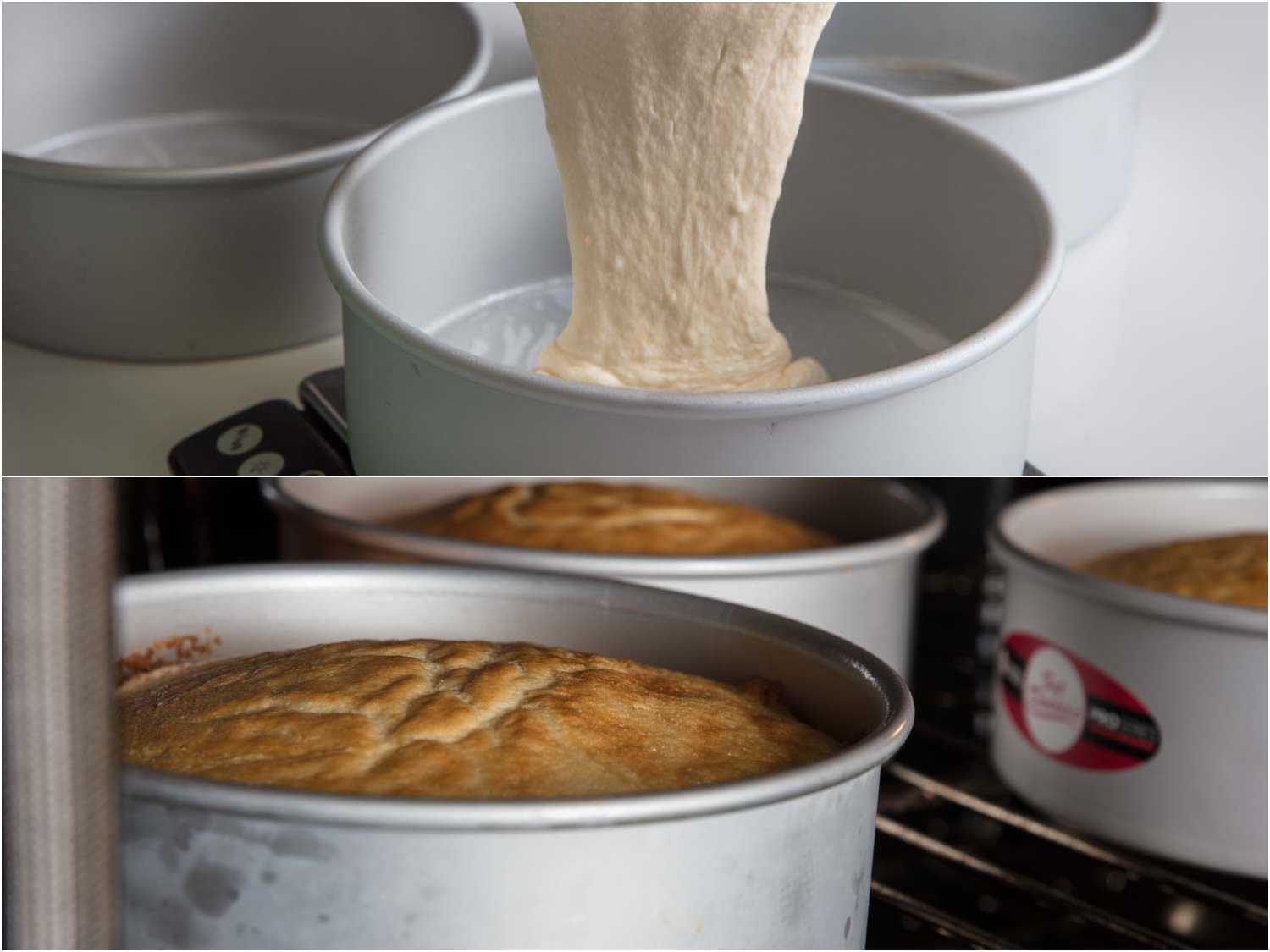 Pouring the batter into pans and baking the cakes.