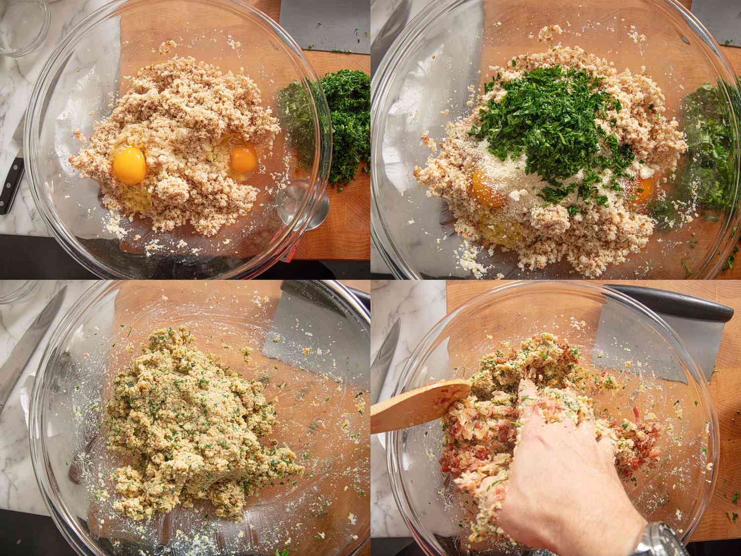 Four image collage of mixing ingredients together