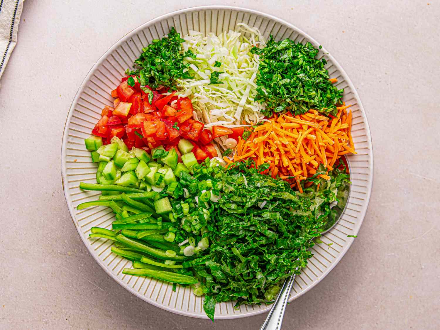 A plate containing an assortment of chopped vegetables including tomatoes carrots green herbs cucumbers and lettuce