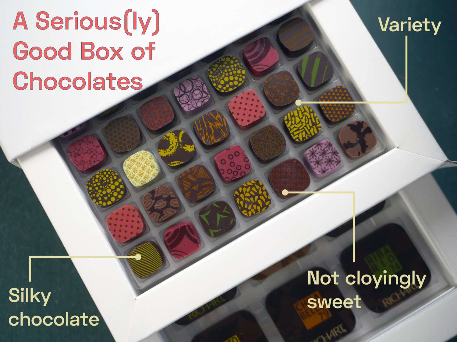 An image of an open box of chocolates with the words: a serious(ly) good box of chocolates; Silky chocolate; variety; not cloyingly sweet