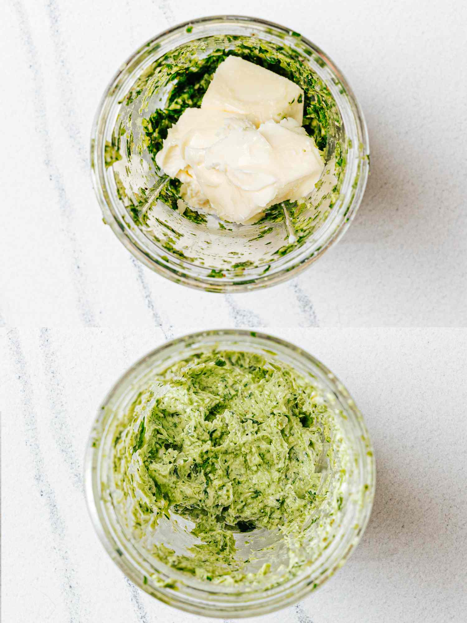 Two jars with ingredients for making escargot butter one with butter and herbs the other mixed together