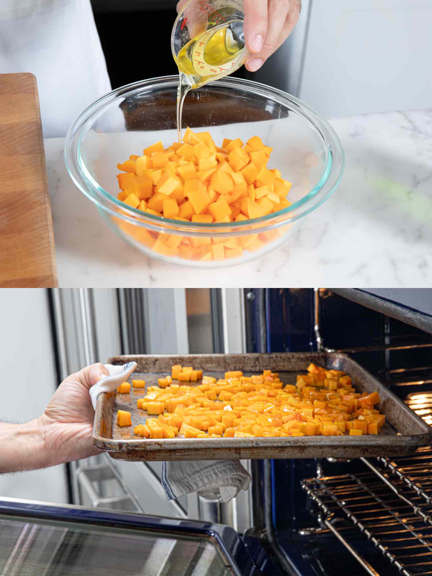 Two image collage of pouring oil on squash and placing on tray into oven