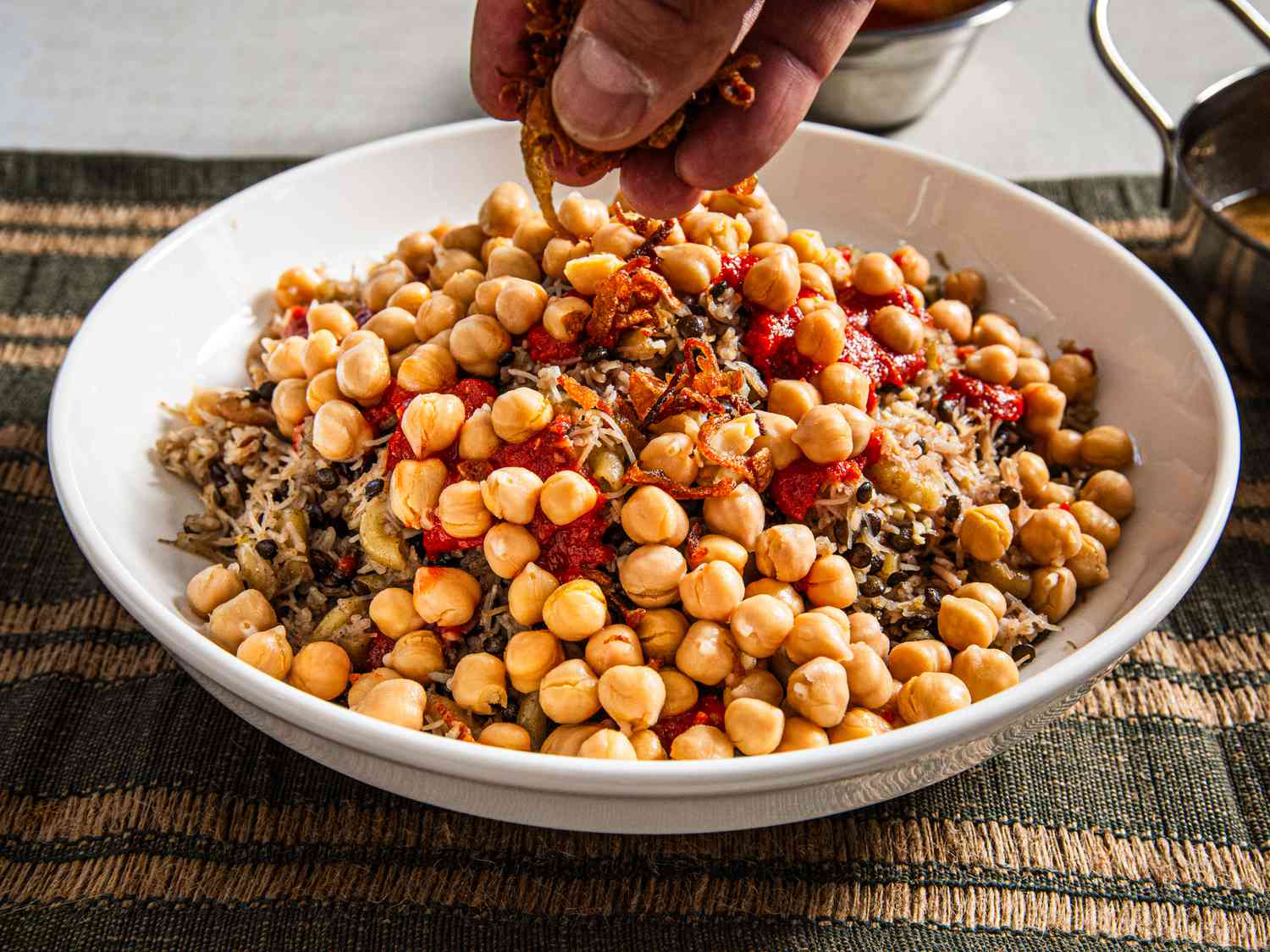 Side view of topping with fried shallots