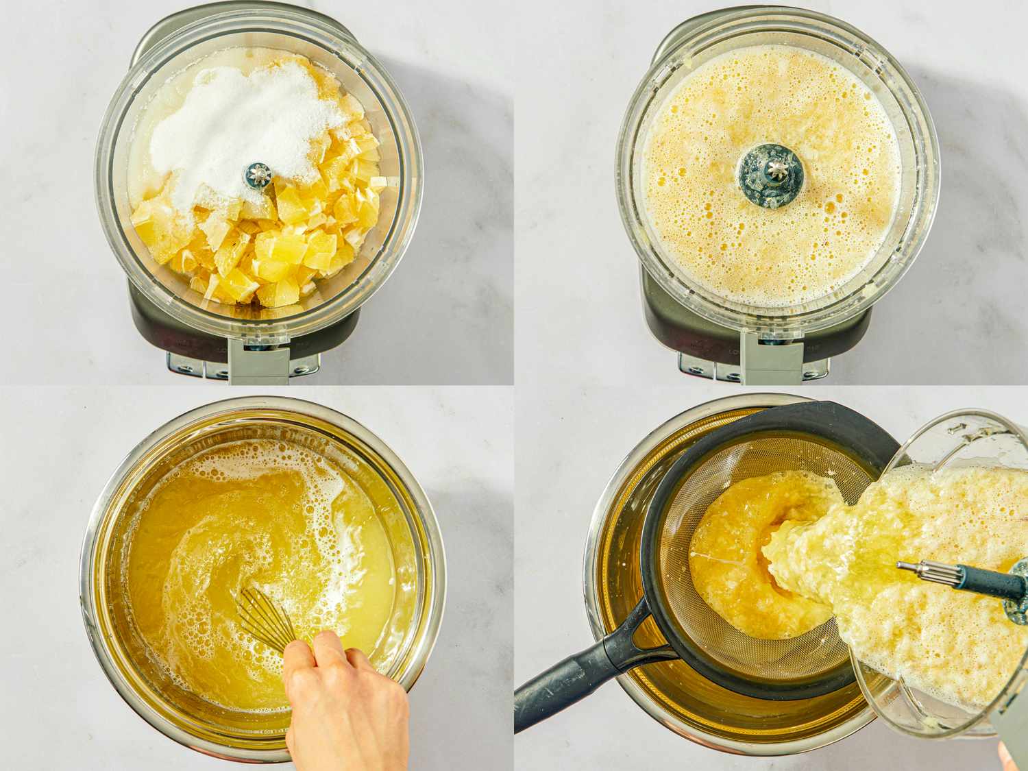 Four steps of making lemon water ice including blending ingredients and straining the mixture