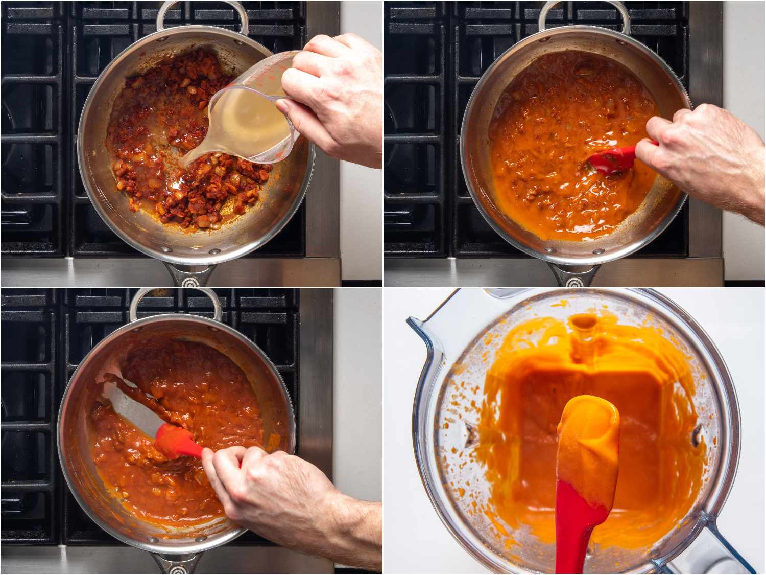 Adding chicken stock and simmering until thickened to a saucy consistency, then blending salsa brava into a smooth sauce.