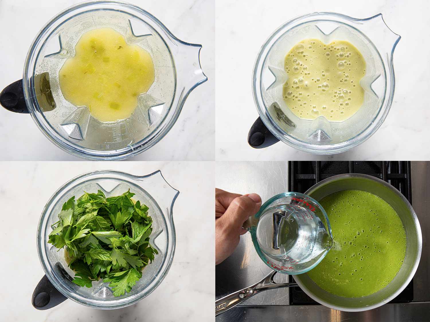 Four Image Collage. Top Left: Unblended garlic scape and leak broth. Top Right: Blended leek and garlic. Bottom Left: Parsley added to blender. Bottom Right: Soup transferred back to pot, water being poured in to thin