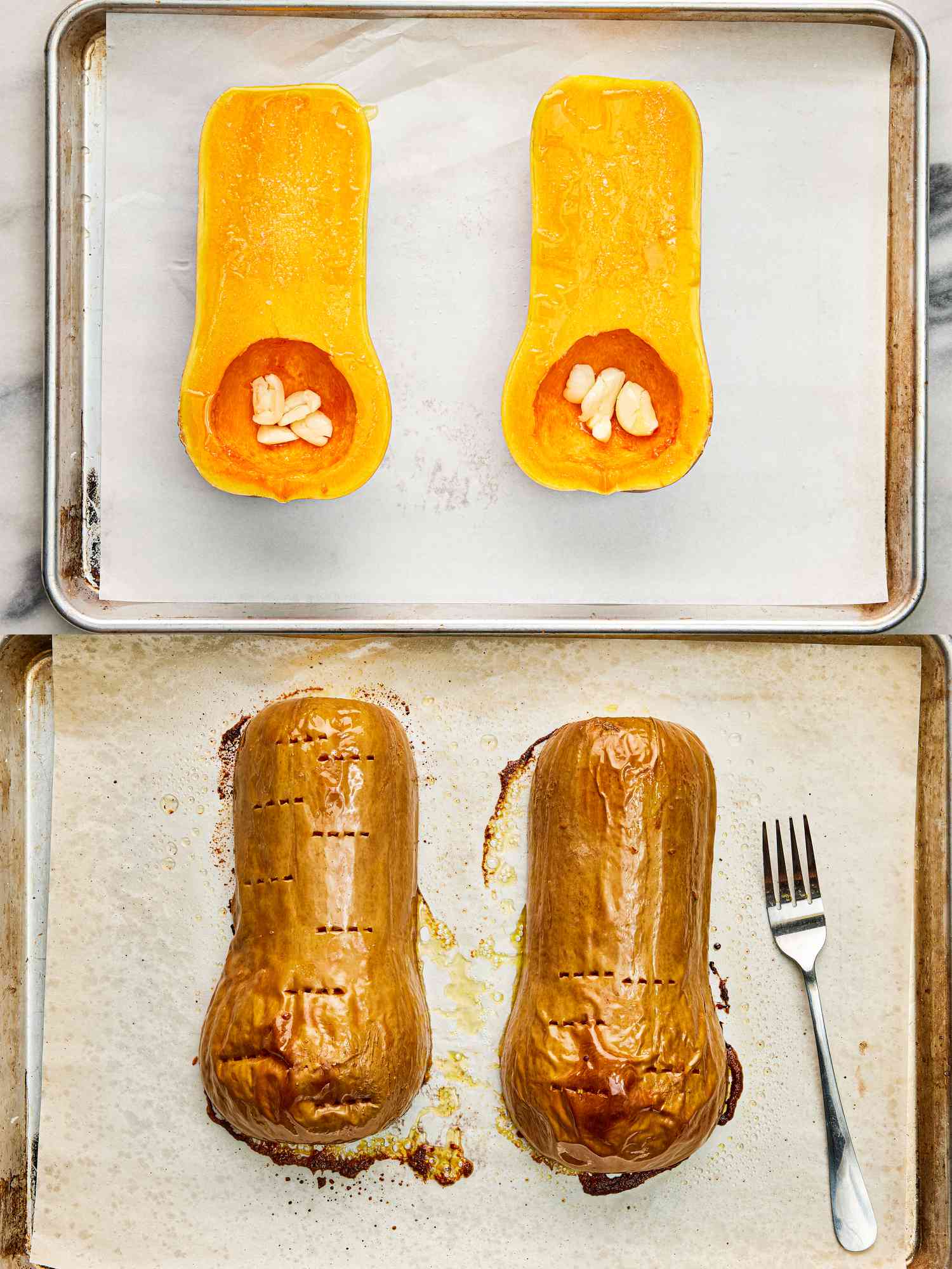 Overhead view of roasting butternut squash