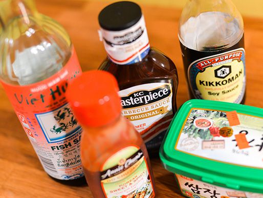 Closeup of the ingredients needed to make KC Masterpiece Korean barbecue sauce.