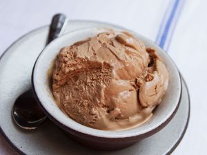 Closeup of chocolate frozen custard, served in a bowl.