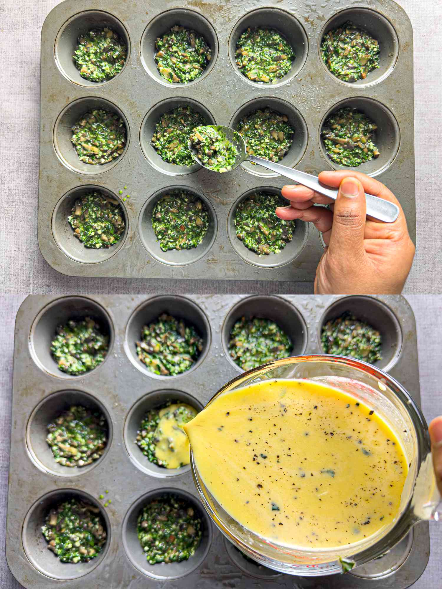 2 image collage. Top: spooning mushroom and kale mixture in muffin tin. Bottom: Pouring egg mixture into muffin tin with vegetables. 