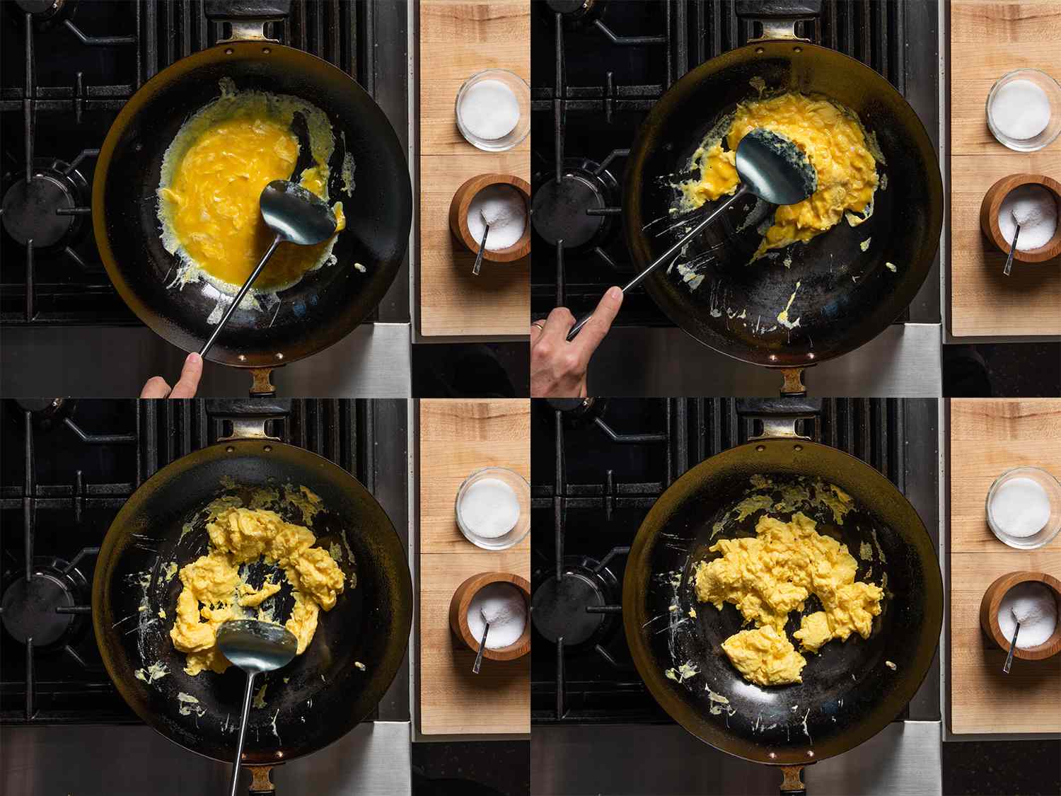 A four-photo collage of eggs being scrambled in a wok.