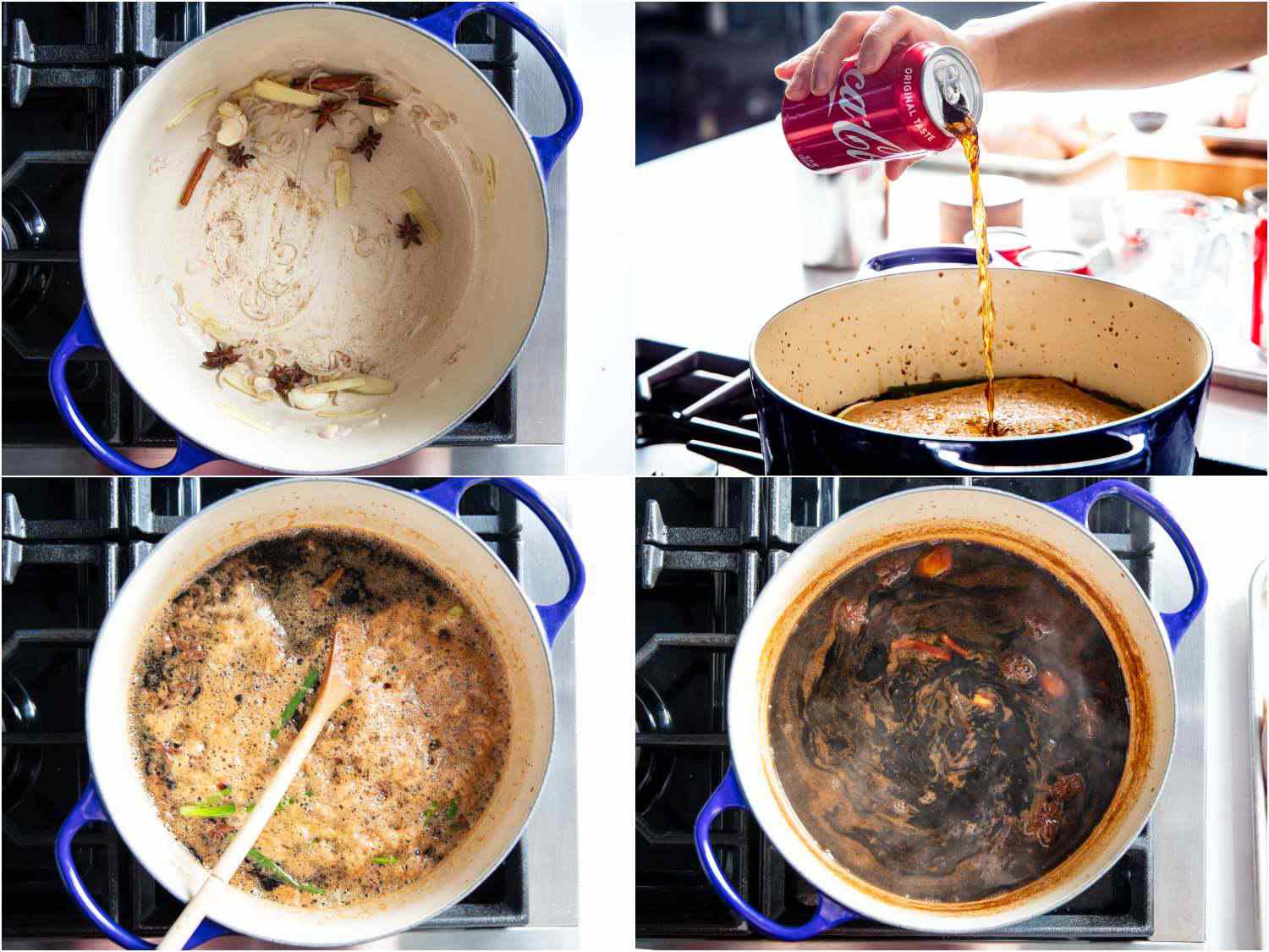 Collage of sweating aromatics in a Dutch oven, adding a can of Coke to make poaching liquid for the chicken. 