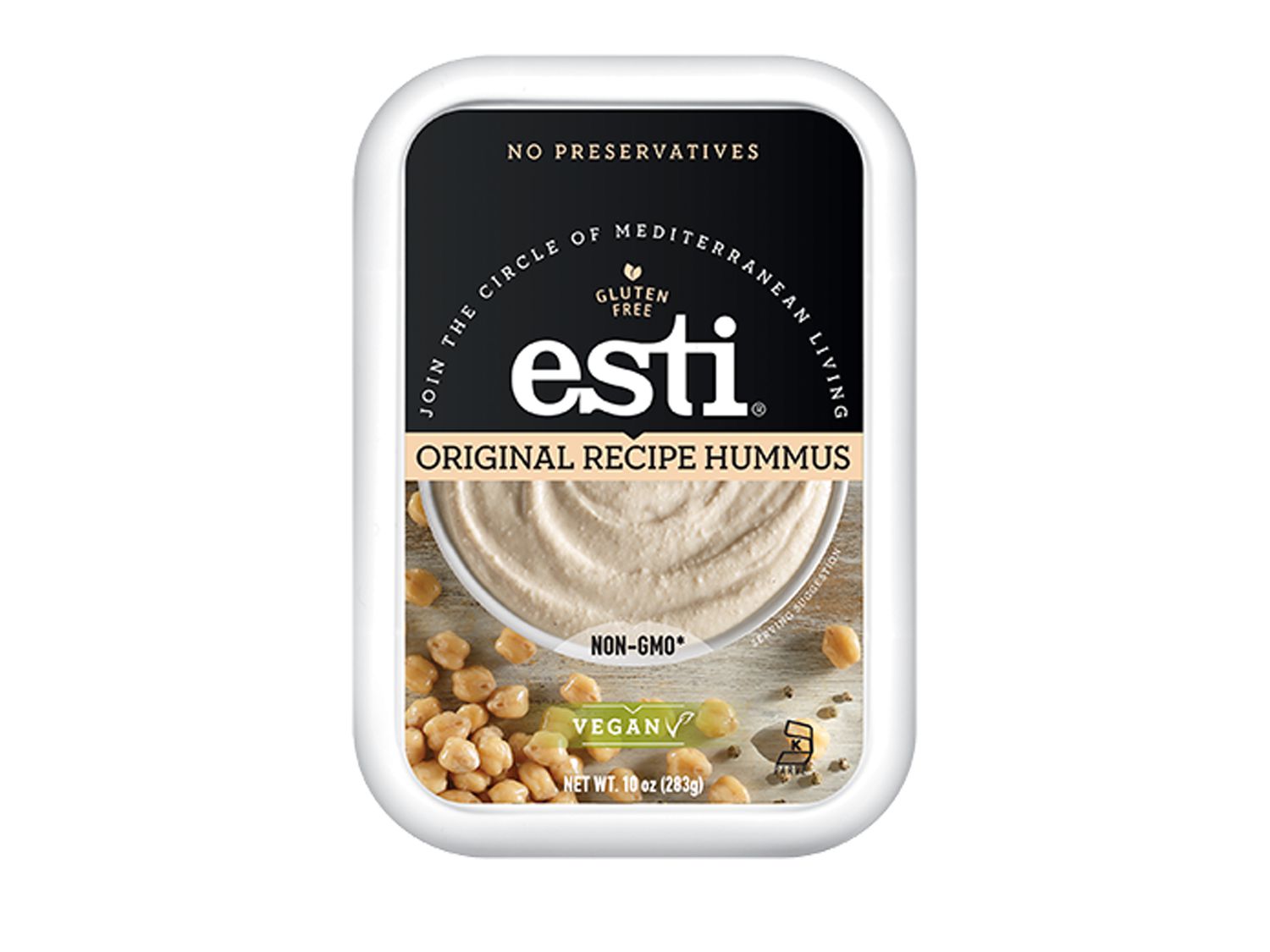 Package of Esti Original Recipe Hummus labeled as non-GMO, vegan, and gluten-free with chickpea imagery on the label