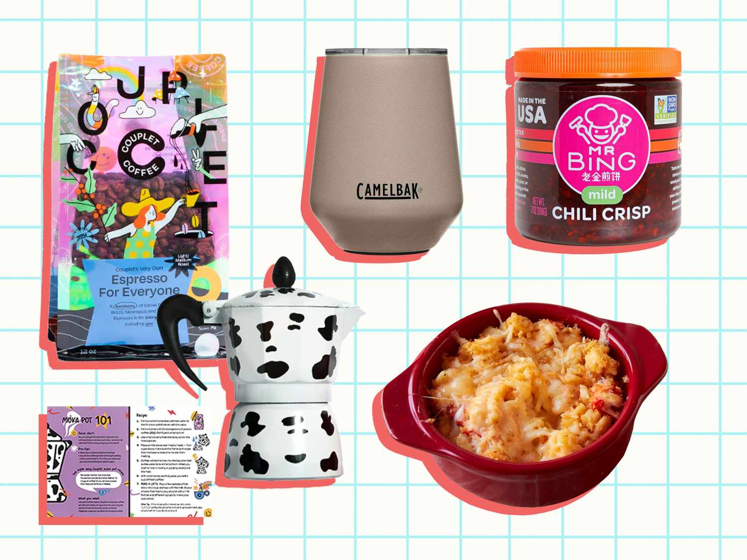 Couplet Coffee The Ultimate Espresso at Home Starter Kit, CamelBak Horizon 12 oz Wine Tumbler, Mr Bing Chili Crisp, and Murray's Lobster Mac And Cheese on a grid background