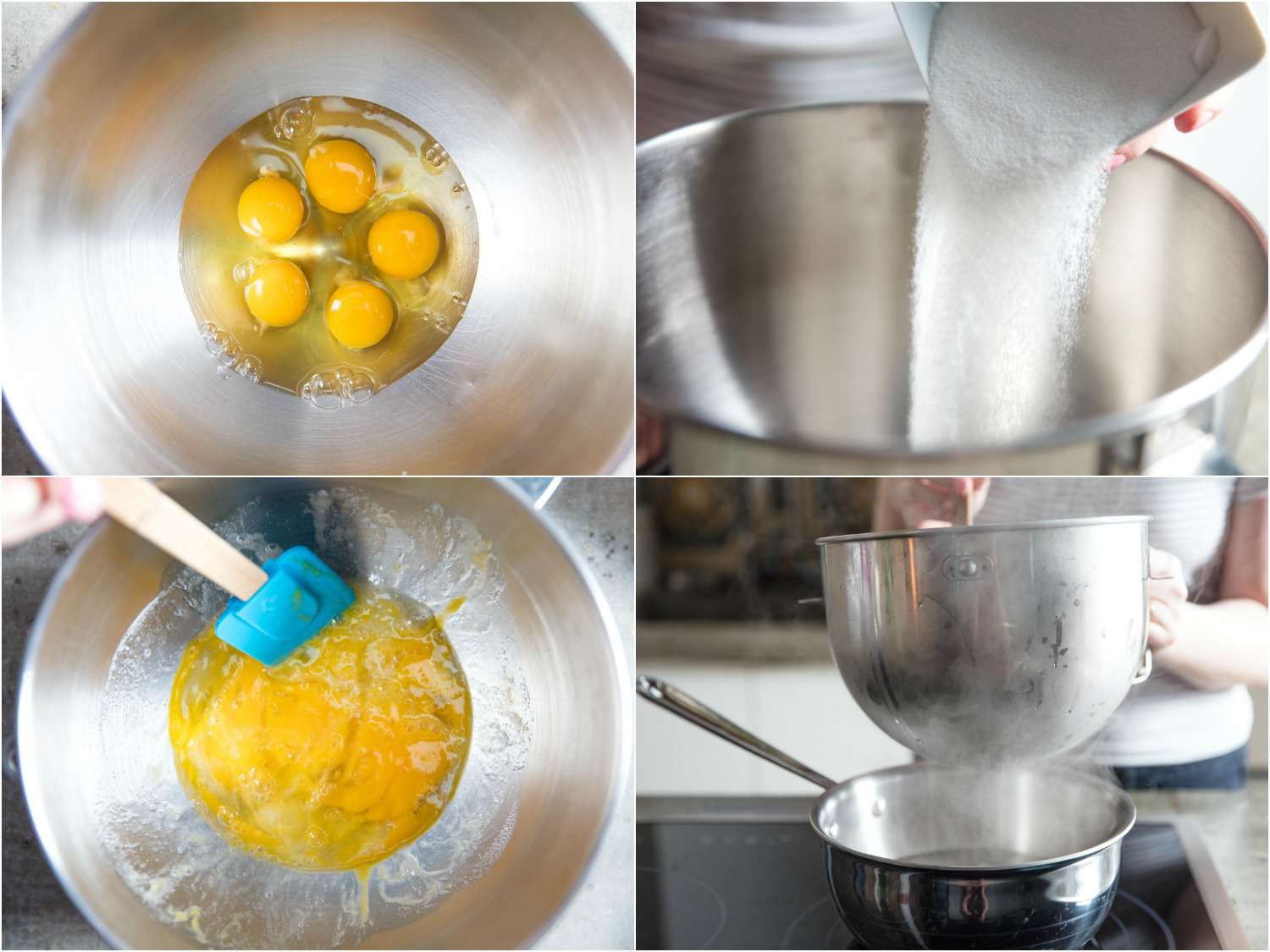 A collage of three photos showing how to make the mascarpone filling for tiramisu using a stand mixer: whisking eggs and sugar in the mixing bowl and placing it over a steaming pot. 