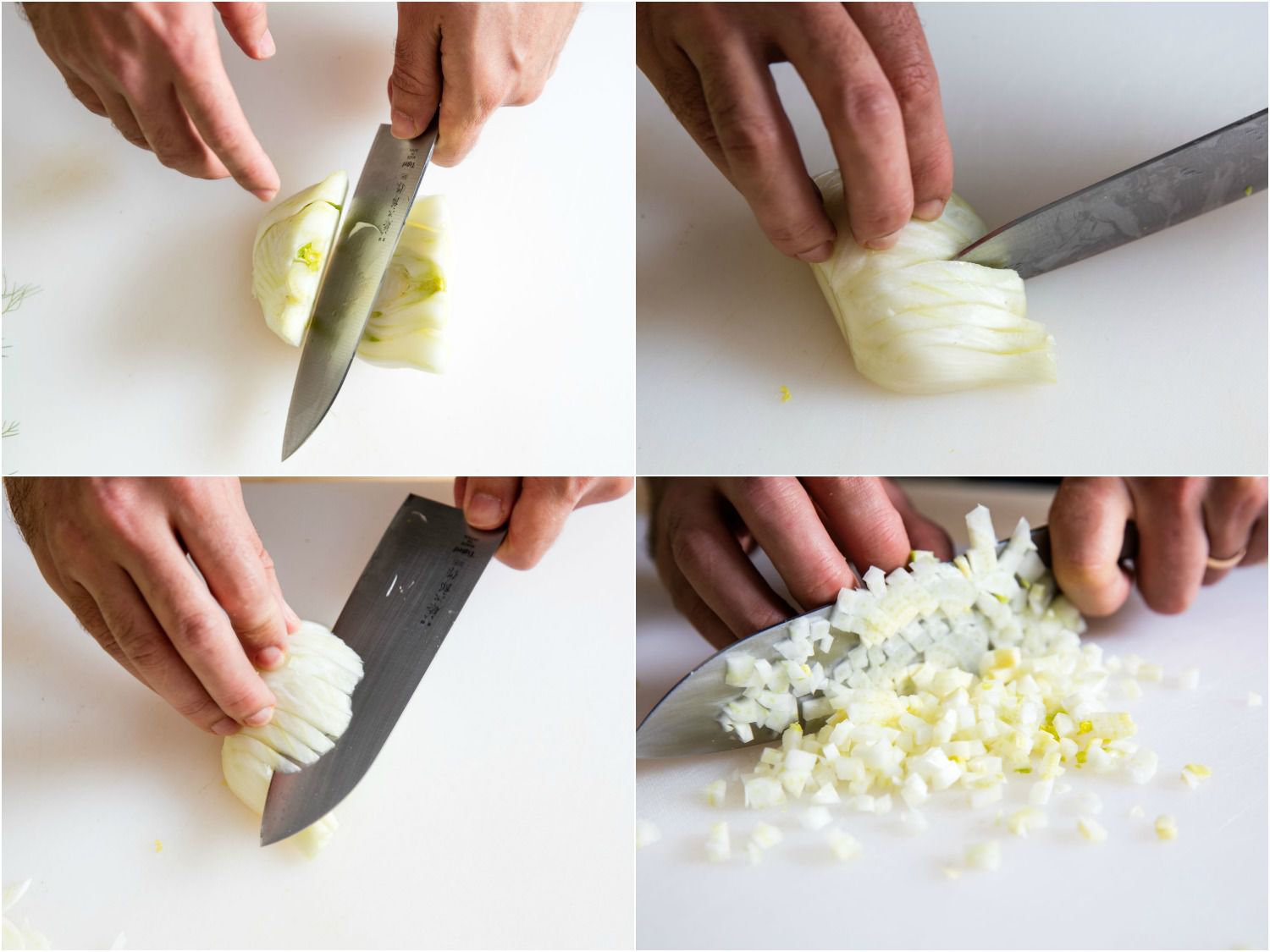 A collage showing how to dice fennel.