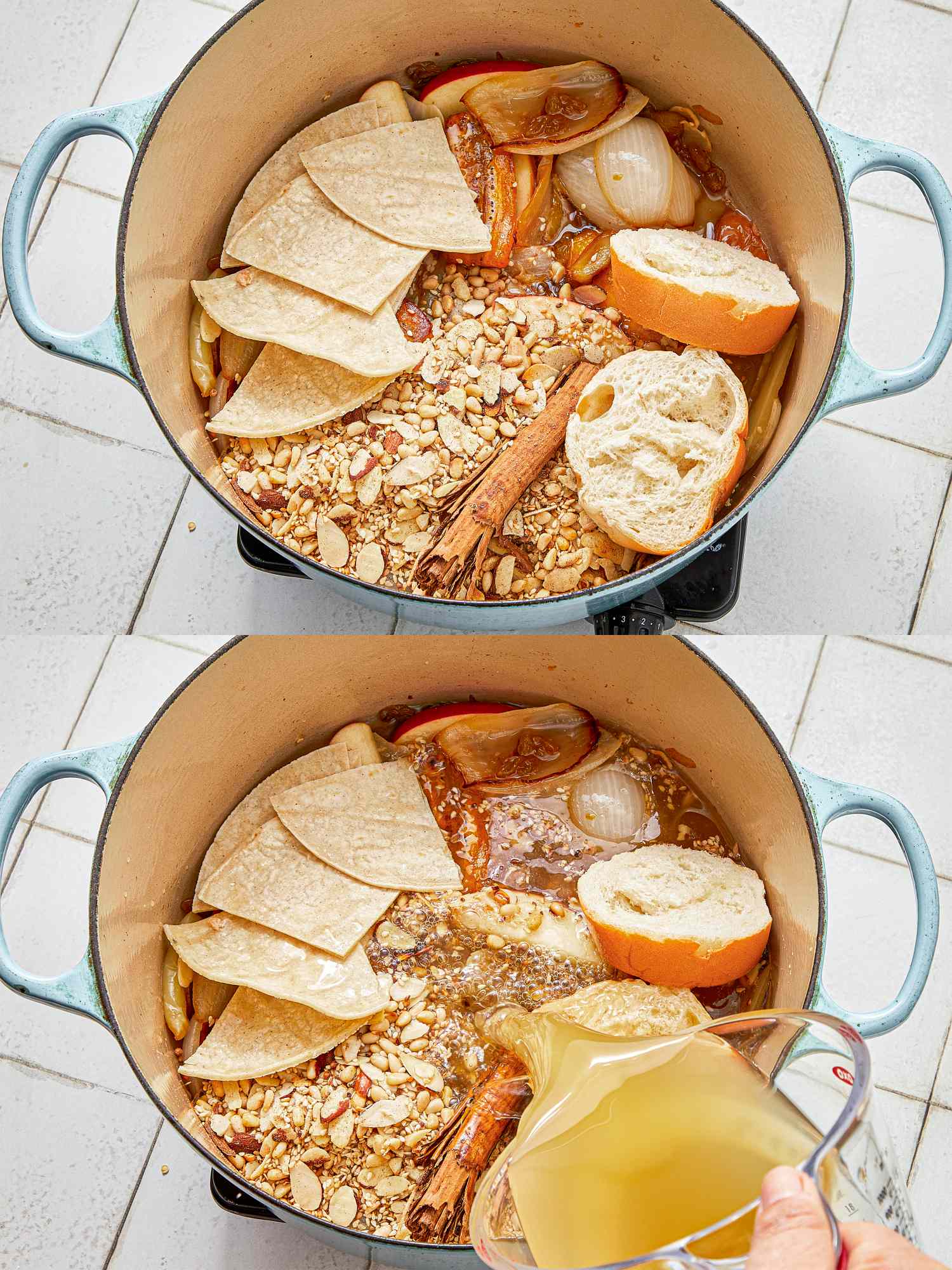Two images of a stockpot containing tortillas bread and spices with a hand pouring liquid into it in the second image