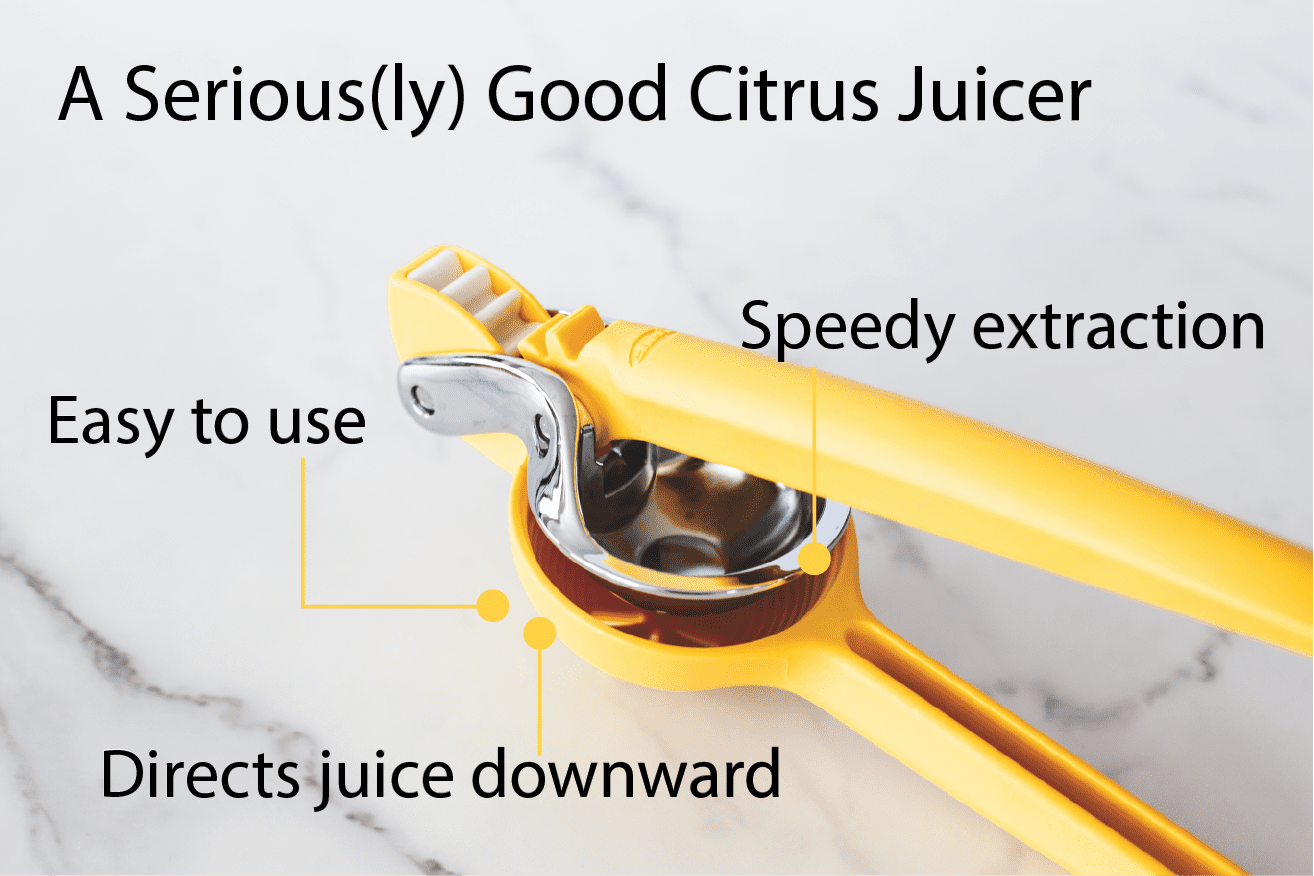 A yellow citrus juicers on a marble countertop.