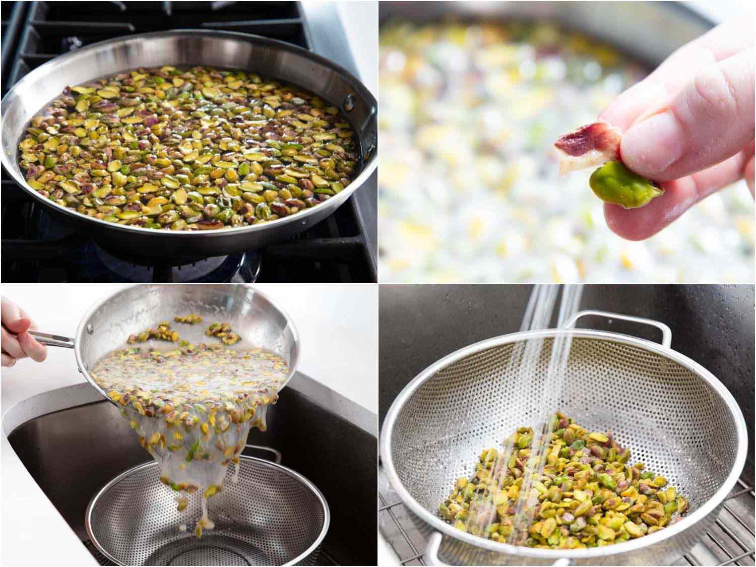 soaking, blanching, draining, and rinsing pistachios