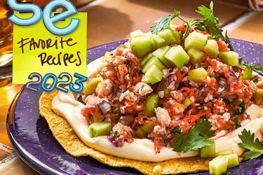 A picture of ceviche with a sticky note graphic overlaid