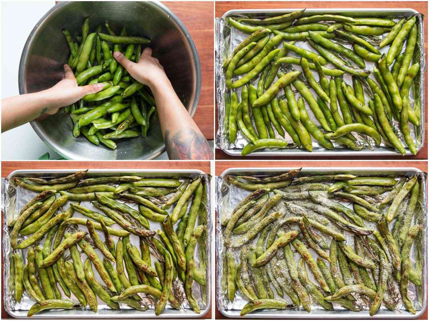Fava beans tossed with olive oil, spread on a sheet tray, broiled, and seasoned with dill and garlic salt