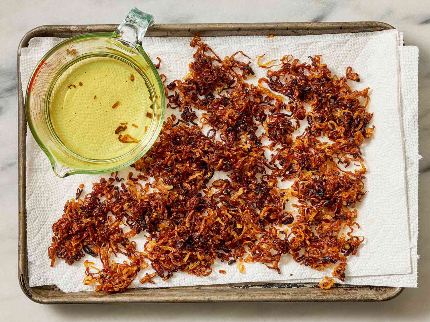 Overhead view of fried shallots