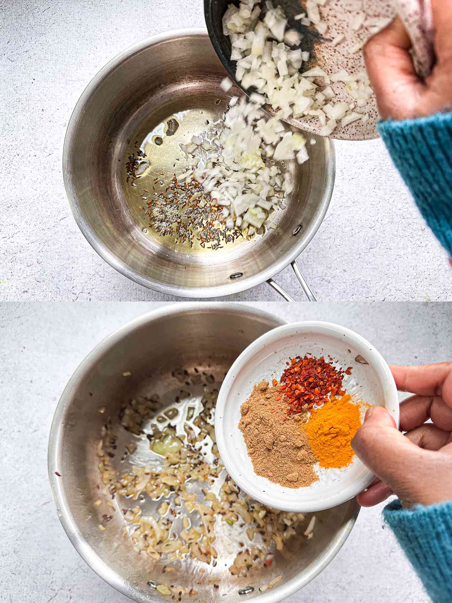 2 image collage. Top: Pouring diced onions and garlic from a bowl into a small pot of cooking whole spices. Bottom: pouring spices into cooking mixture