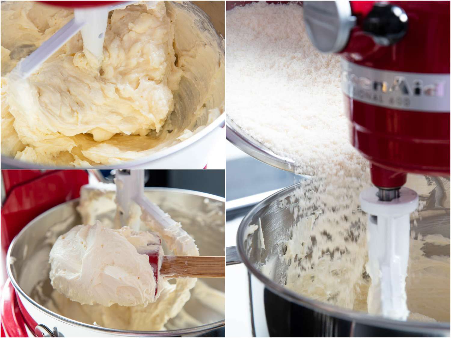 3-image collage of the cheesecake batter being mixed in the bowl of a stand mixer.