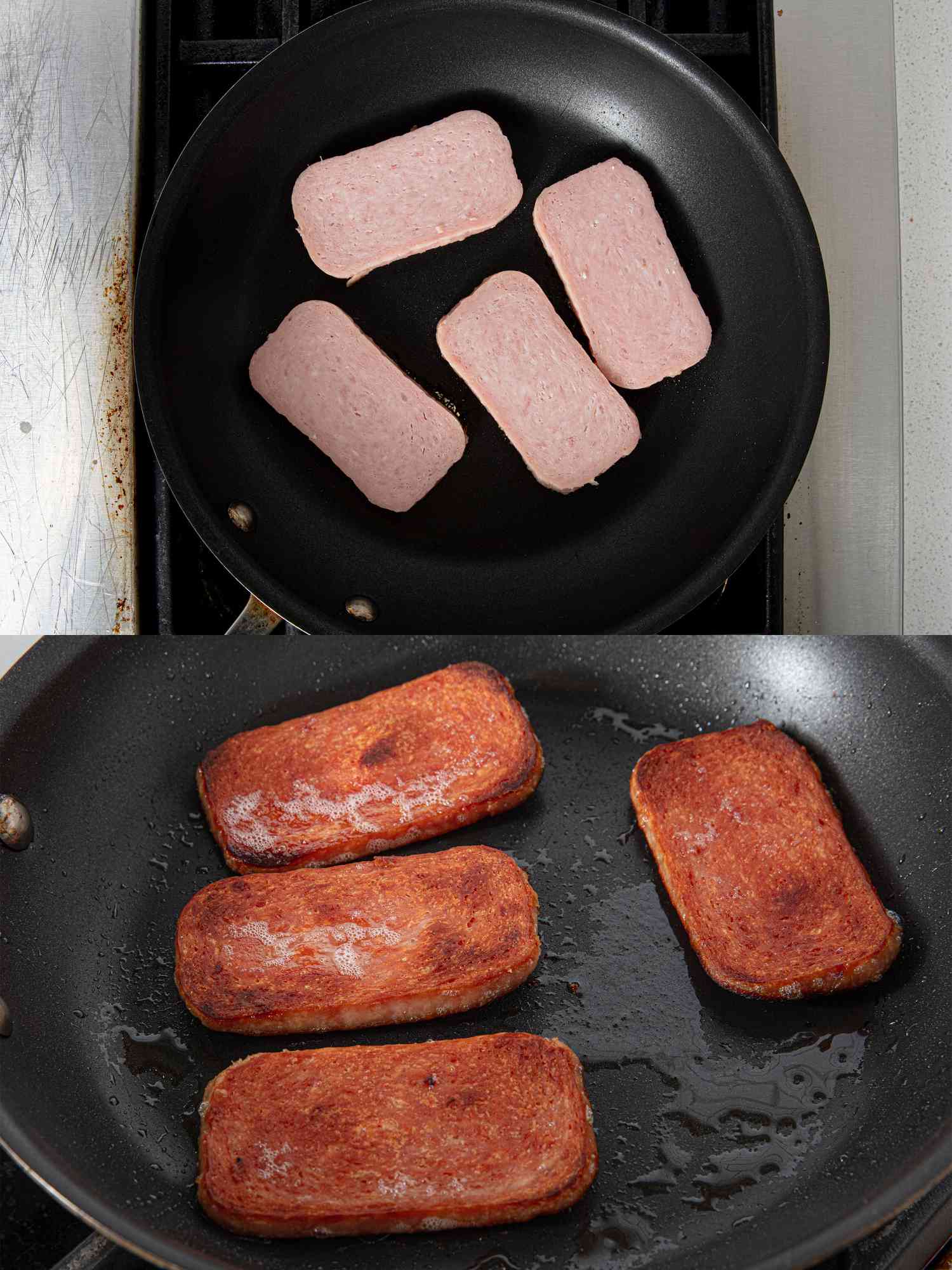 Two image collage of spam cooking