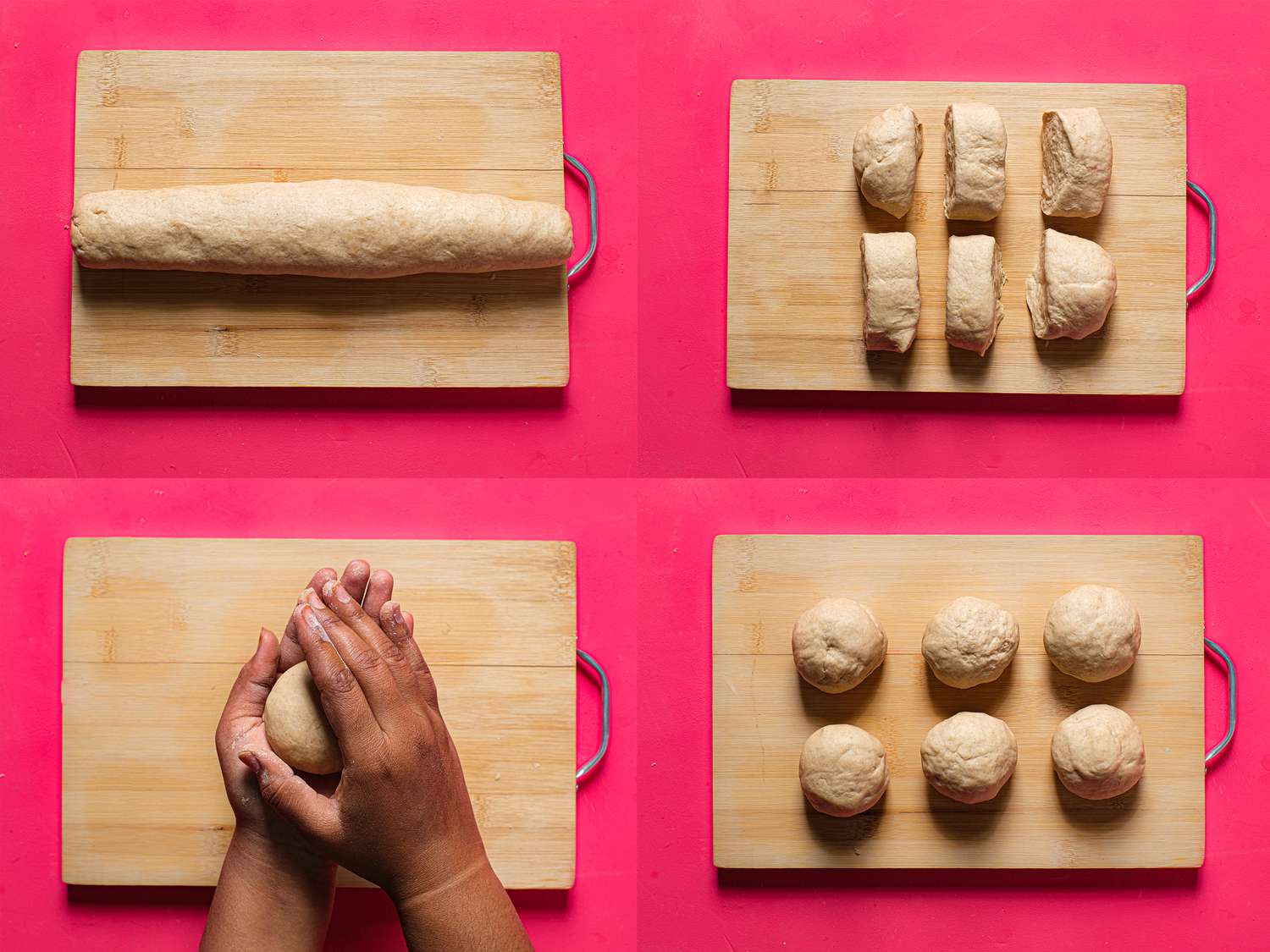 Four image collage of cutting dough into six pieces and shaping inot bowls 