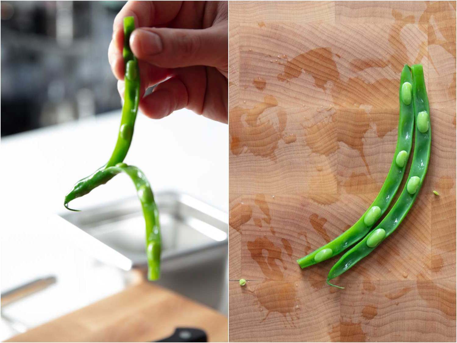 Side by side photos showing splitting a blanched green apart lengthwise.