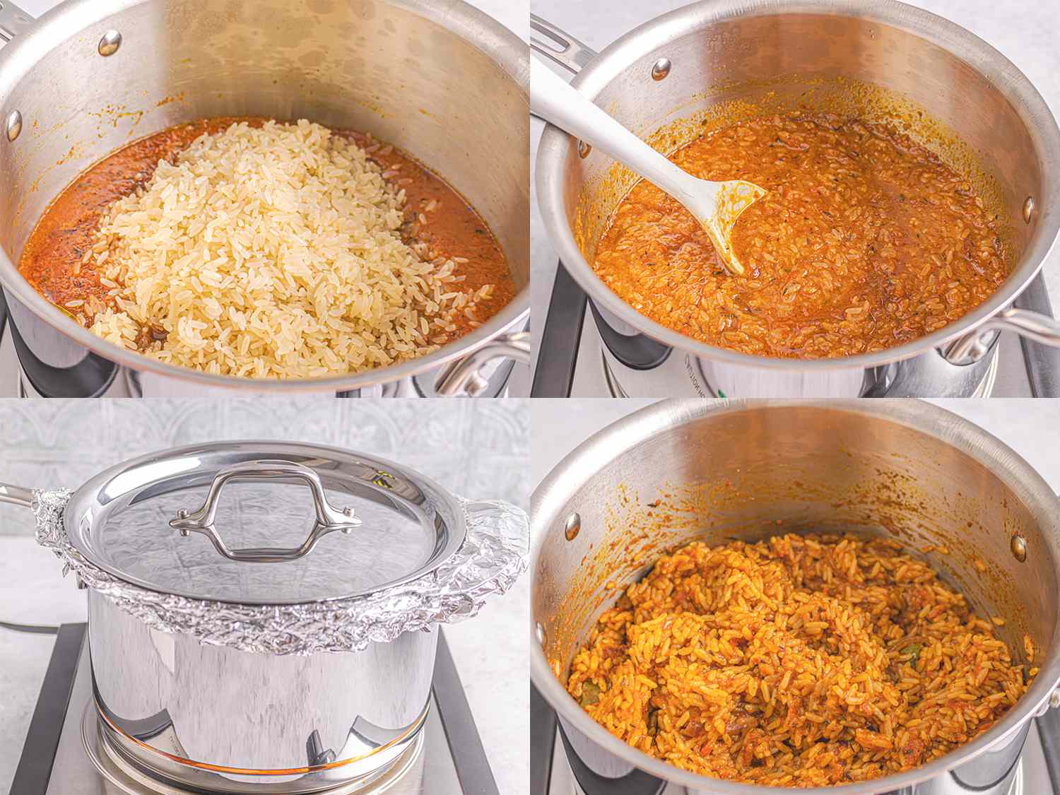 Four Image Collage of rice being added to pot, cooking down into tomato mixture, being covered and uncovered.