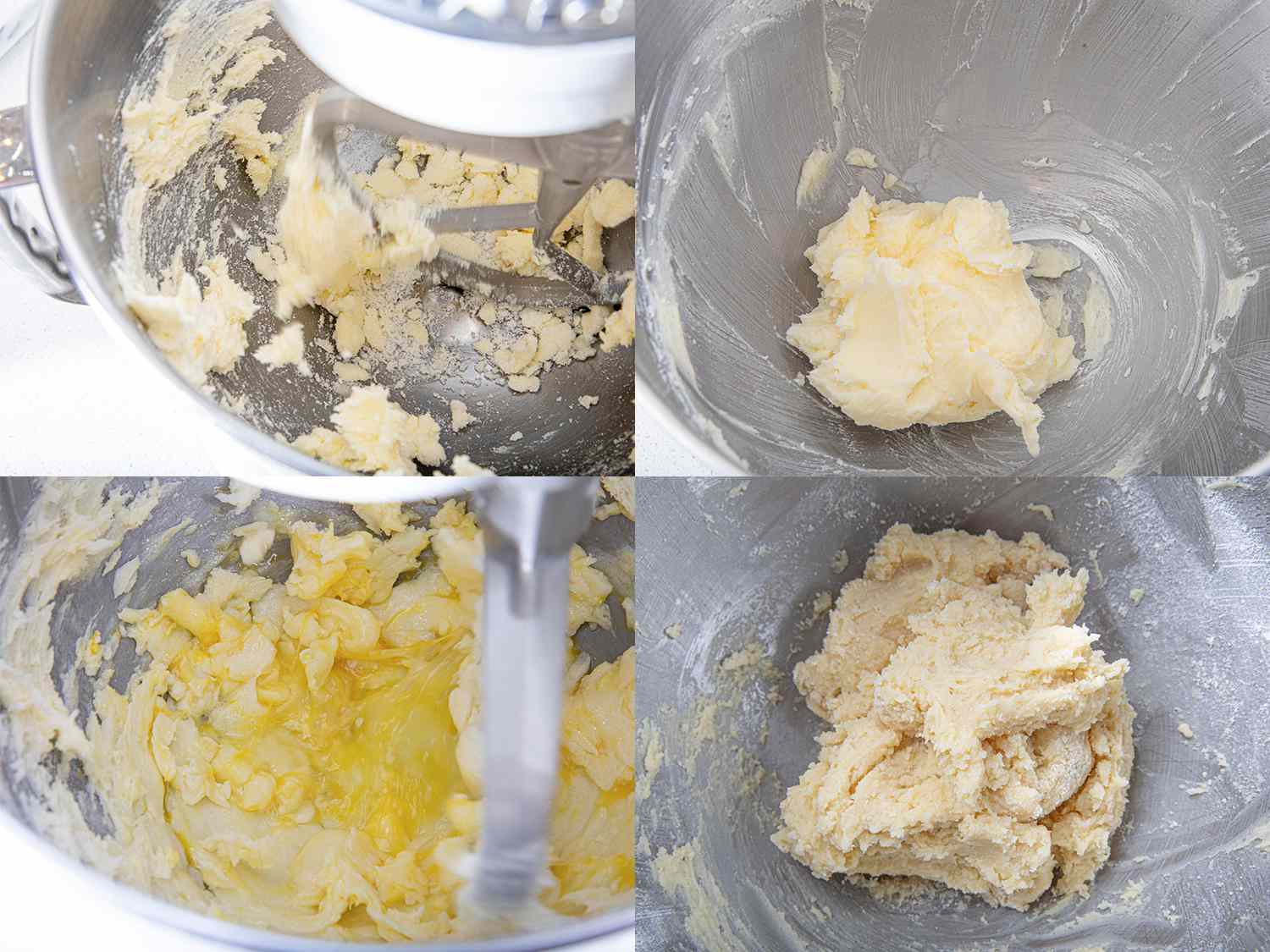 Four Image Collage of the batter being formed in a stand mixer with the additions of flour, butter, and egg