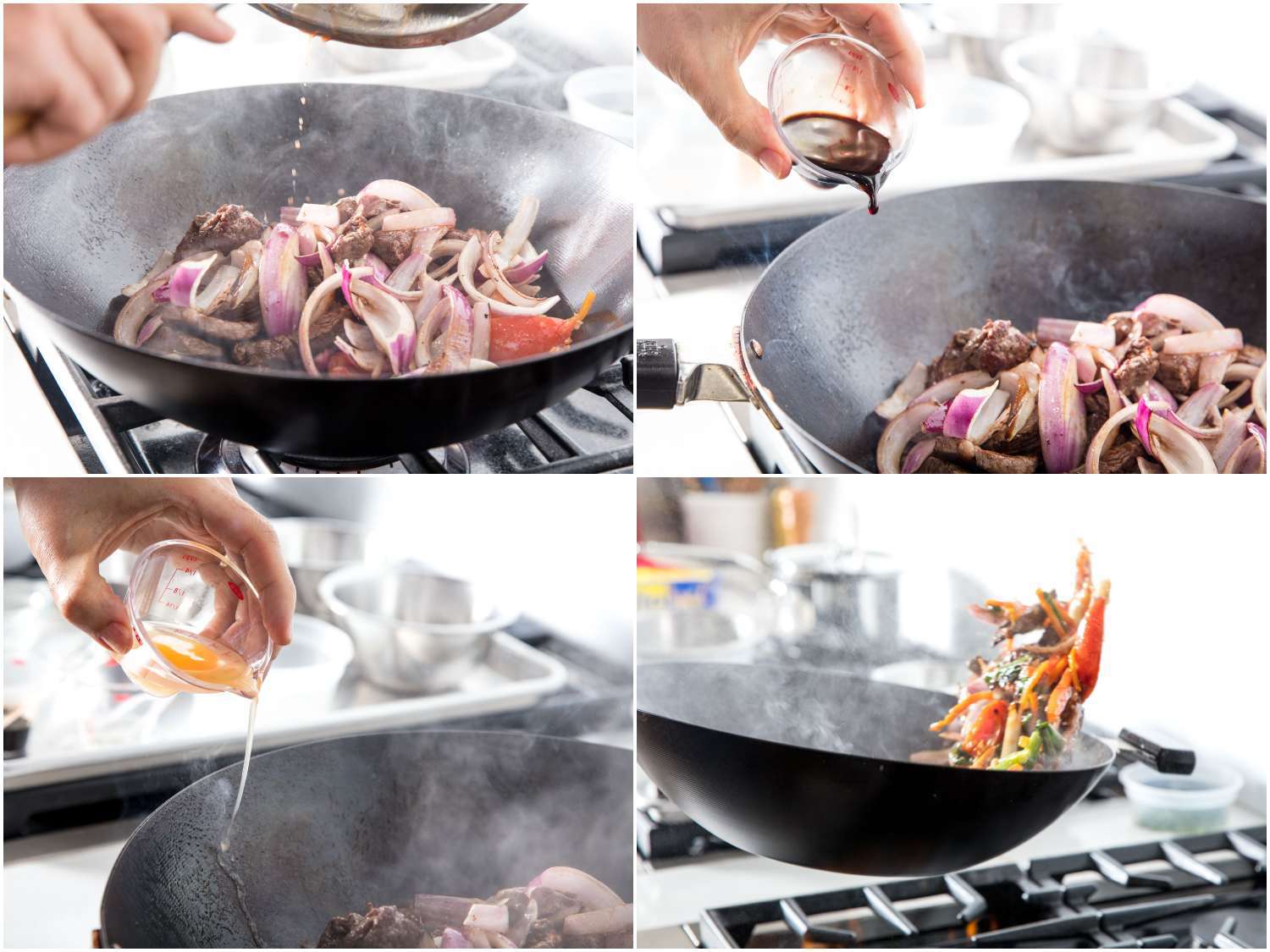 Collage of combining and finishing ingredients for lomo saltado in wok.