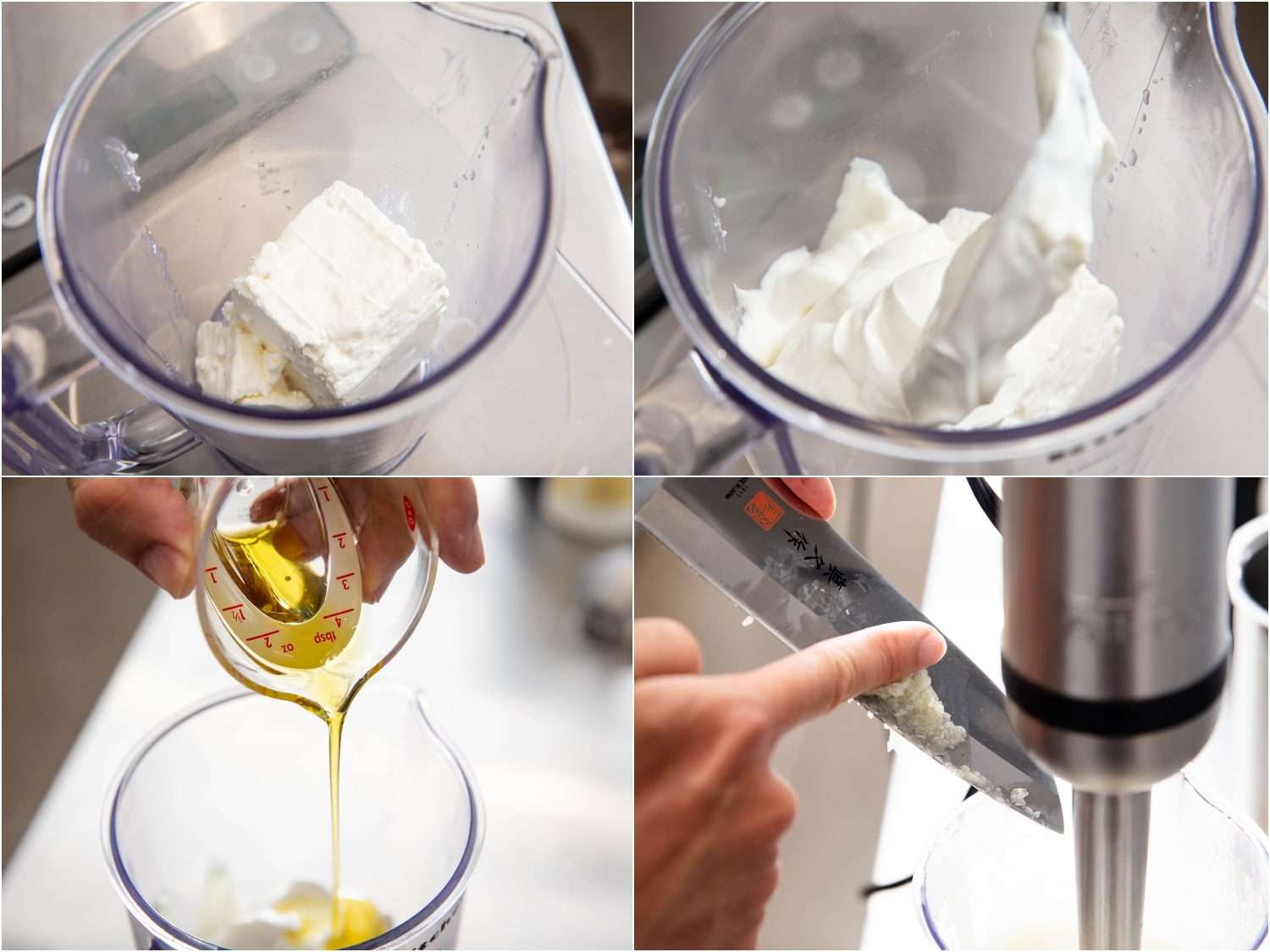 A series of 4 images, showing feta cheese spread being made by combining feta, Greek yogurt, olive oil, and garlic in a blender jar.