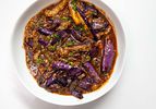 An overhead shot of Sichuan fish-fragrant braised eggplants.