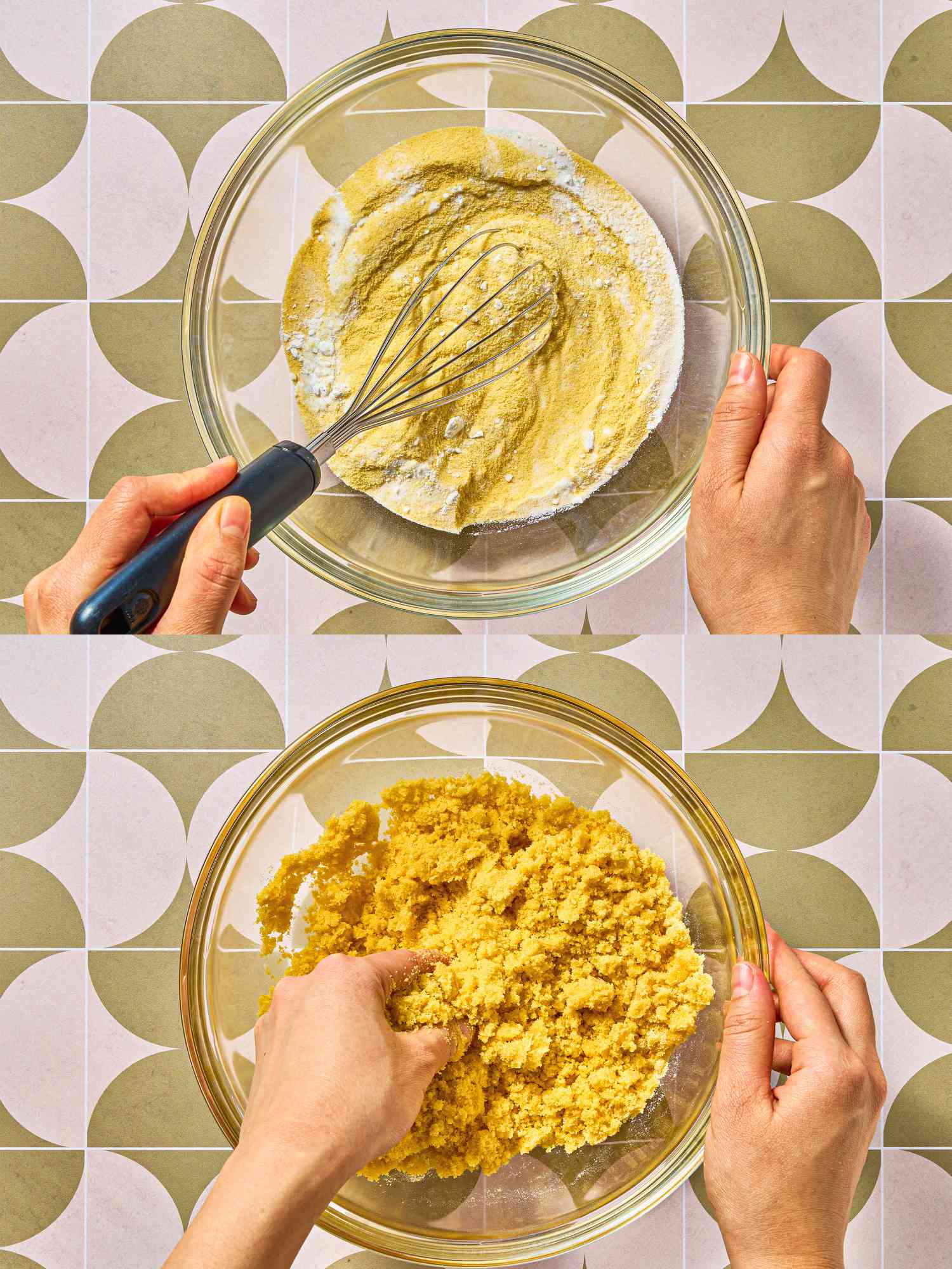 Two image collage of whisking dry ingredients together and adding butter
