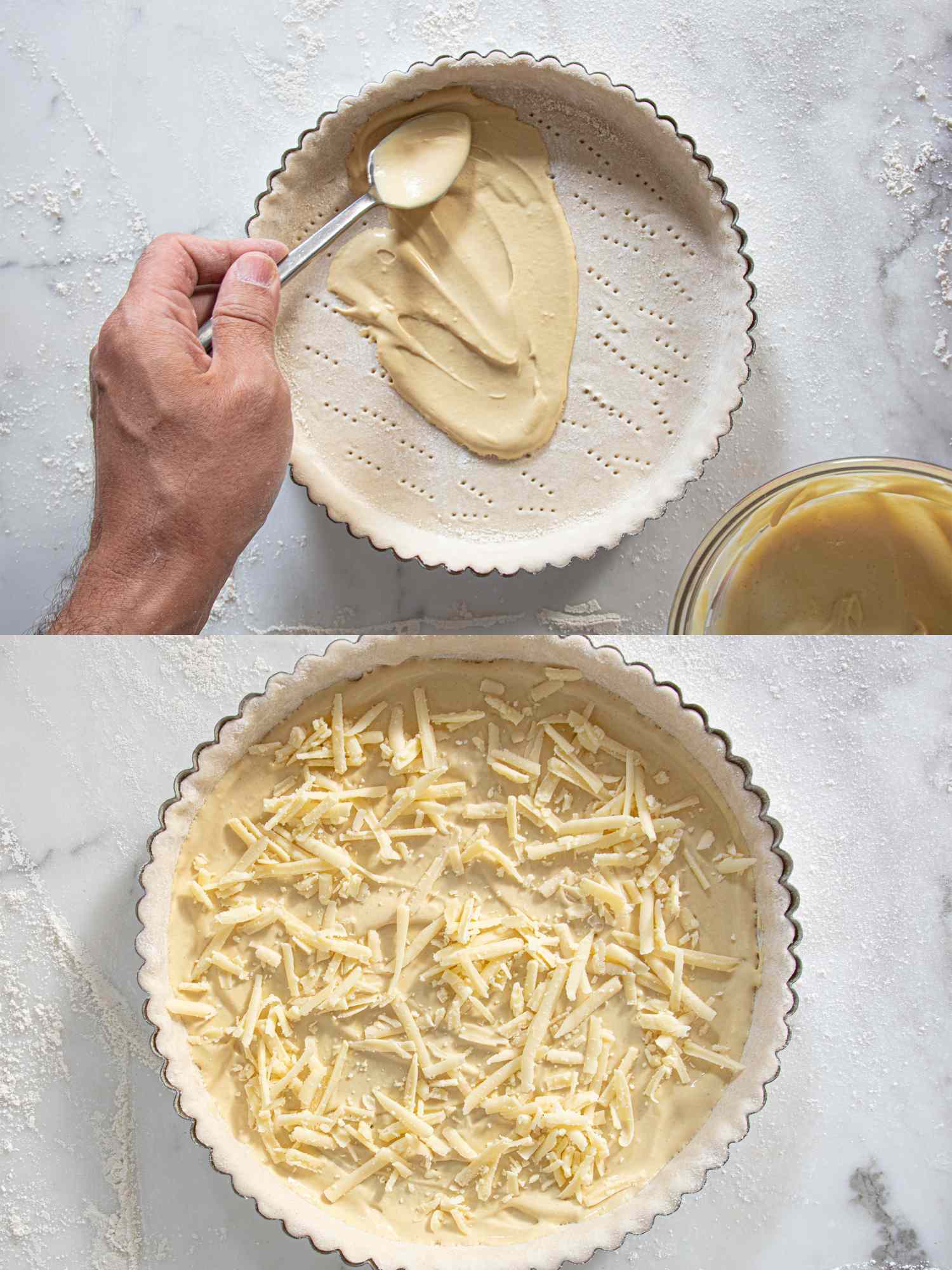 A hand spreading mustard on tart dough in one image shredded cheese sprinkled onto mustardcoated tart dough in another