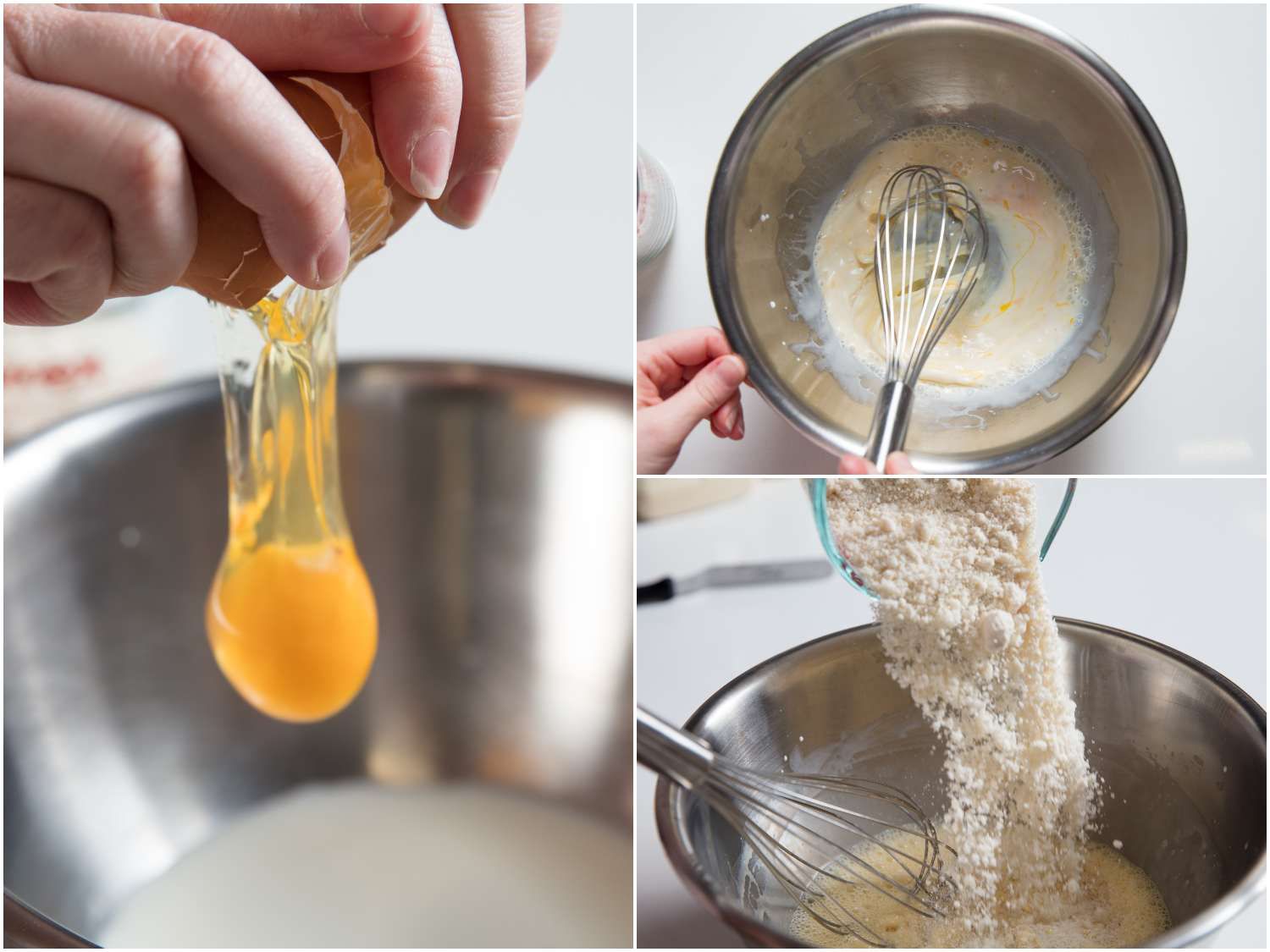 A three-image collage of adding an egg to a bowl containing milk, whisking until combined and the pancake mix being added to the bowl. 