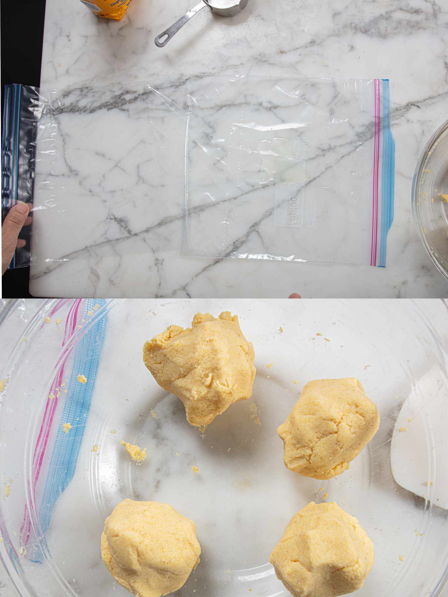 Two image collage of splitting plastic bag and four balls of dough