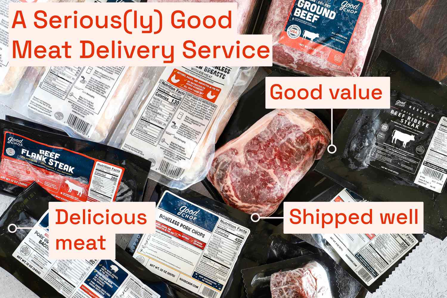 a variety of frozen meats on a wooden cutting board