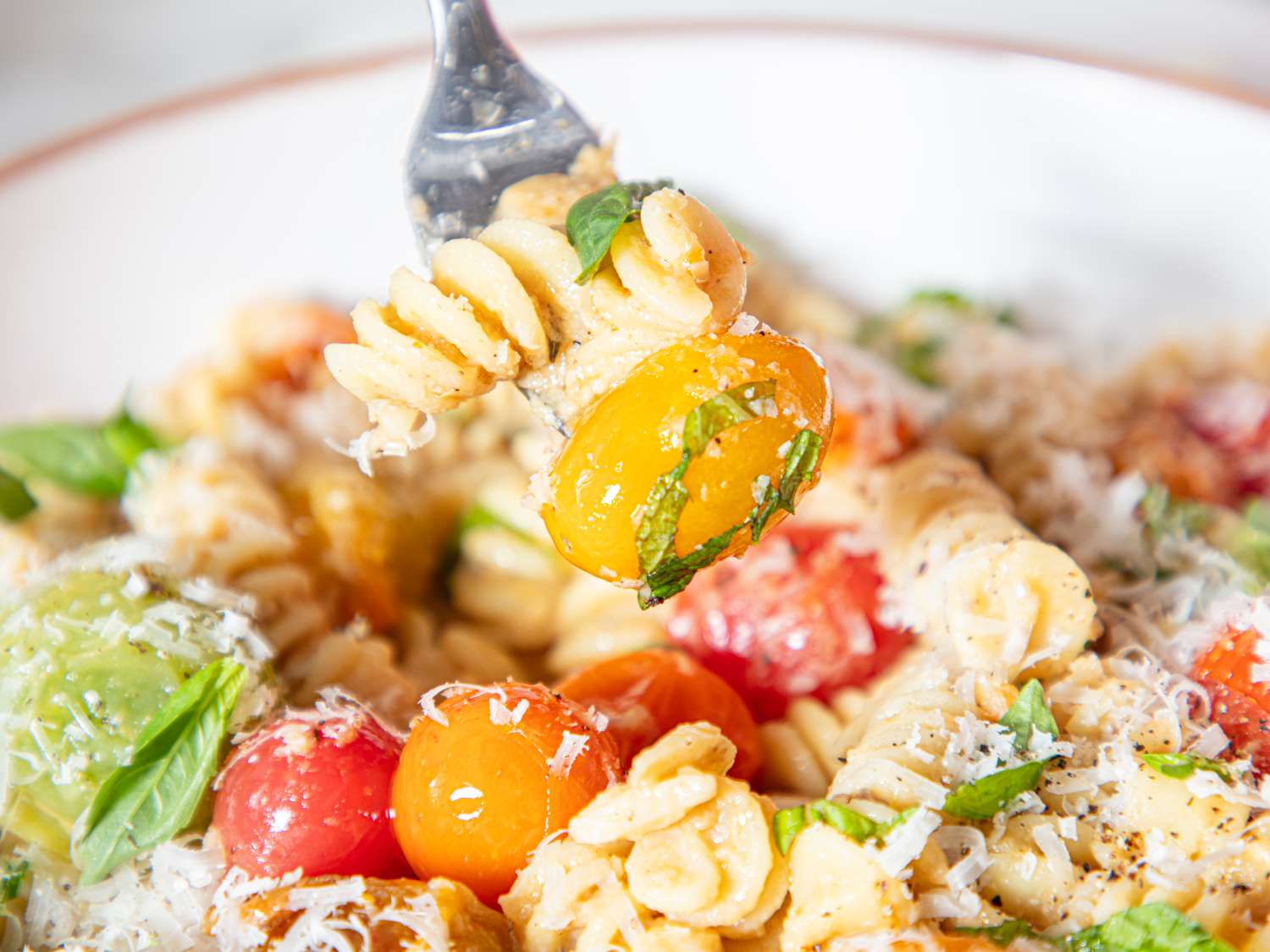 Pasta dish with cherry tomatoes basil and grated cheese on top with a fork holding a bite