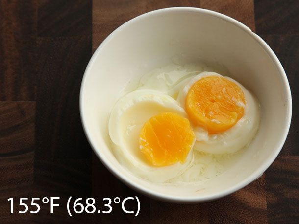 Egg cooked sous vide at 155°F (68.3°C) for 40 minutes.