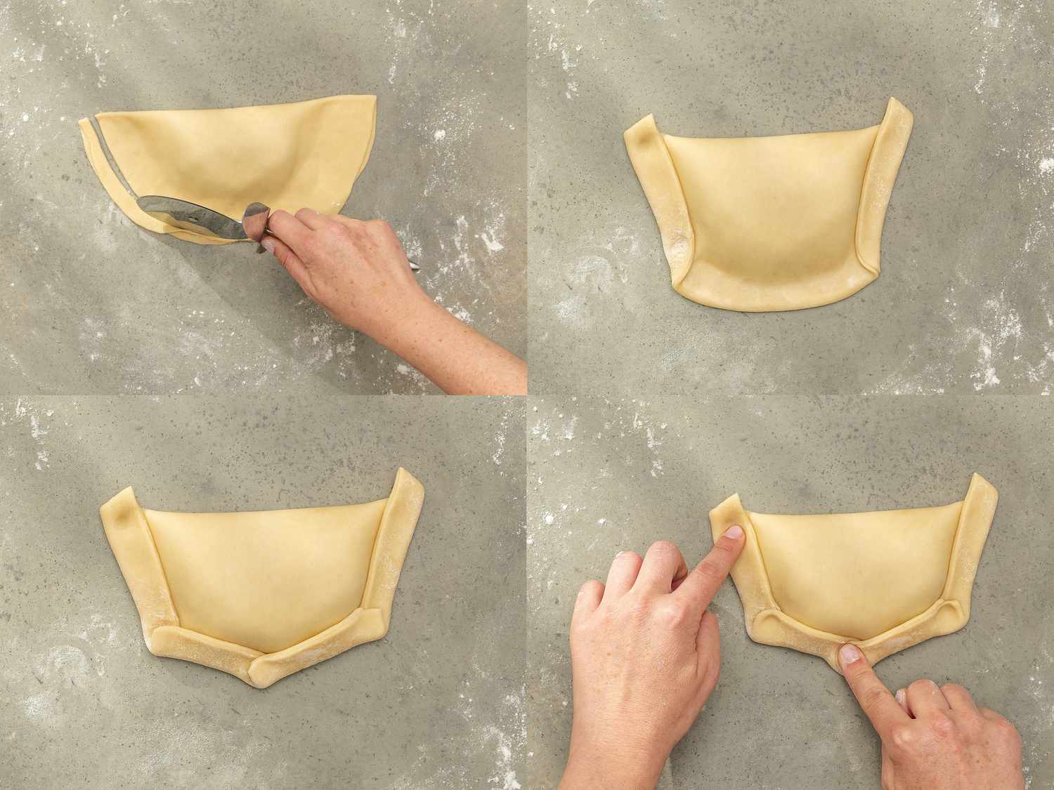 Four image collage of trimming pequenes and crimping edges closed