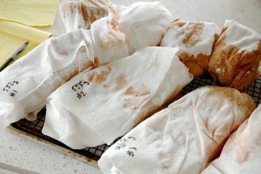 Several cuts of meat covered in white absorption cloths and resting on a metal rack.