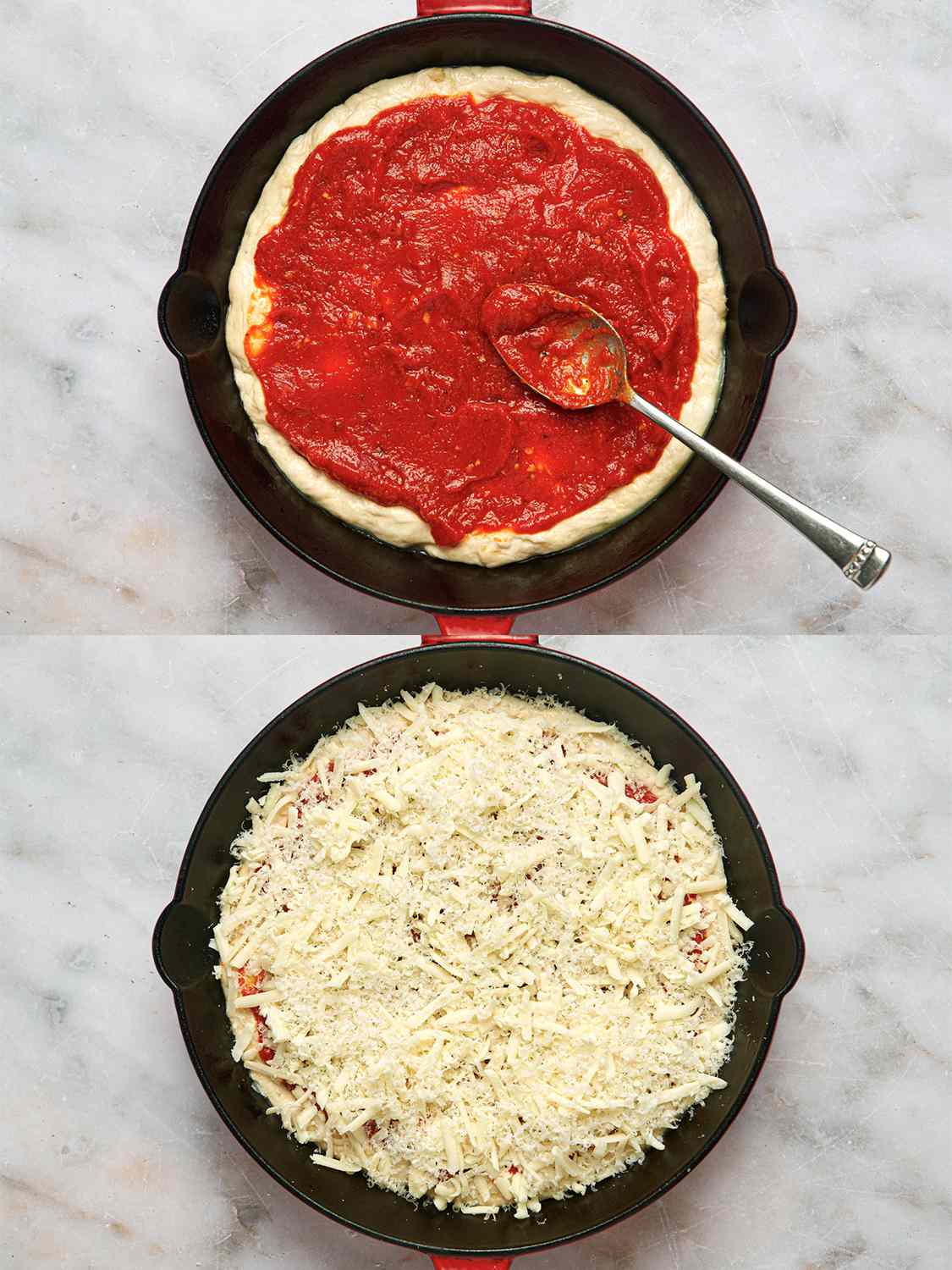 A two-image collage. The top image shows the cast iron pan holding the now-risen dough, topped with pizza sauce. The bottom image shows the uncooked pizza now topped with shredded cheese.