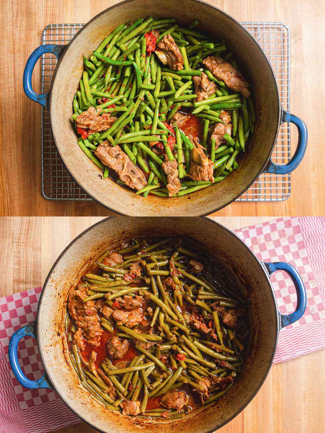 Two image collage. Top: Green beans added to dutch oven. Bottom: fully cooked lamb and green beans in dutch oven 
