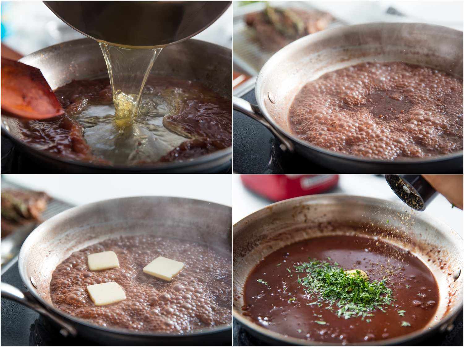 Collage of photos of making a pan sauce: pouring chicken stock into a skillet of reduced wine and fond, mixture bubbling in the skillet, adding pats of butter to the mixture, adding black pepper and herbs