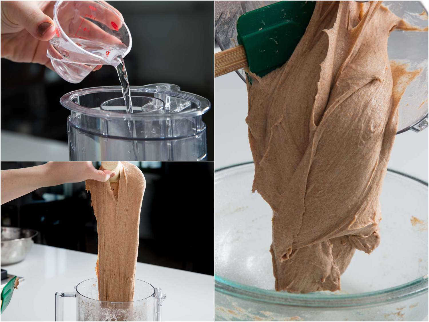 Adding water to 100% whole wheat bread dough in a food processor 